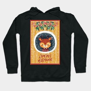 Cute Christmas card with a little reindeer looking out of a window. Outside snowing. Hoodie